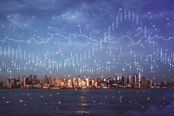 Gráfico de divisas en paisaje urbano con rascacielos fondo de pantalla doble exposición. Concepto de investigación financiera . —  Fotos de Stock