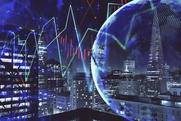 Financial graph on night city scape with tall buildings background multi exposure. Analysis concept. — Stock Photo, Image