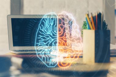 Bilgisayar ve insan beyin hologramıyla çalışma alanının çoklu açığı. Beyin fırtınası konsepti.