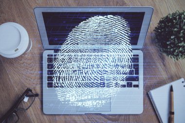 Ofisteki bilgisayarın parmak izi çizimi. Çifte maruziyet. İş veri güvenliği kavramı.
