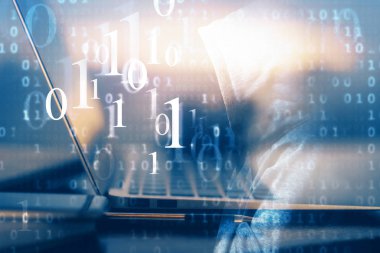 Bilgisayarın arka plan ve teknoloji temalı çizimlerine çoklu maruz kalma. Yenilik kavramı.