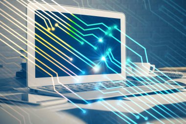 Bilgisayarın arka plan ve teknoloji temalı çizimlerine çoklu maruz kalma. Yenilik kavramı.