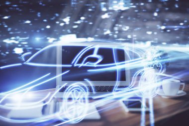 Otomobil hologramı çizimi olan masaüstü bilgisayar arkaplanı. Çoklu maruz kalma. Teknoloji kavramı.