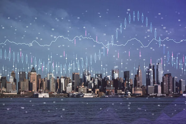 Форекс карта на міському пейзажі з хмарочосами шпалери подвійної експозиції. Концепція фінансових досліджень . — стокове фото