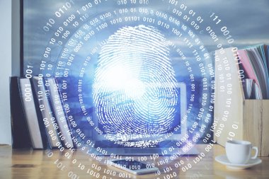 Ofisteki bilgisayarın parmak izi çizimi. Çifte maruziyet. İş veri güvenliği kavramı.