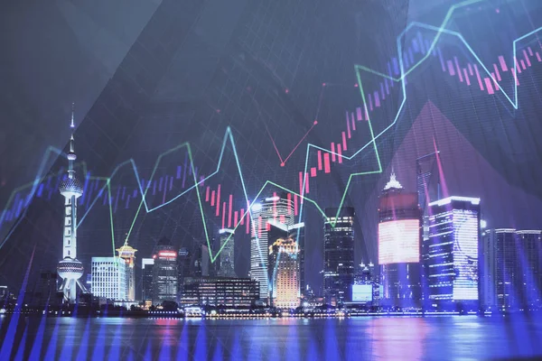 Financial graph on night city scape with tall buildings background double exposure. Analysis concept. — Stock Photo, Image