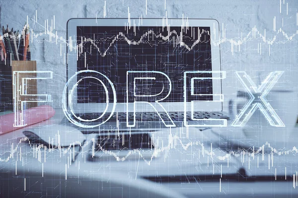 Doble exposición del gráfico de divisas y el espacio de trabajo con el ordenador. Concepto de comercio internacional en línea. —  Fotos de Stock