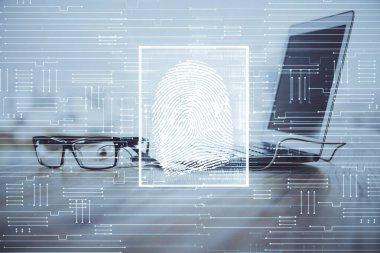 Ofisteki bilgisayarın parmak izi çizimi. Çifte maruziyet. İş veri güvenliği kavramı.