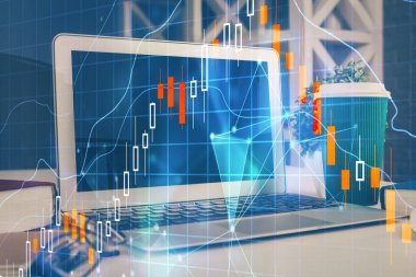 Finansal pazar grafiği hologramı ve kişisel bilgisayar arka planda. Çifte maruziyet. Önx kavramı.