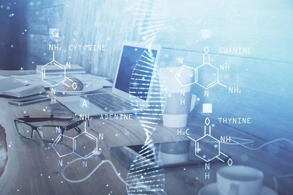 데스크톱 컴퓨터 배경과 DNA 그 리기입니다. 두 번 노출. 과학 개념. — 스톡 사진