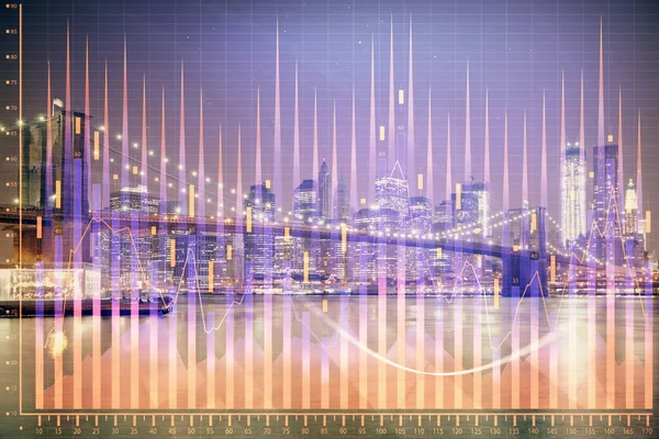 Δημοσιονομικό διάγραμμα για την πόλη τοπίο με ψηλά κτίρια φόντο πολλαπλή έκθεση. Έννοια ανάλυσης. — Φωτογραφία Αρχείου