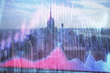 Gökdelenler arka planda çift pozlama ile şehir görünümünde eski grafik. Mali analiz kavramı.