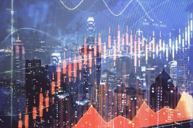 Cityscape arka plan üzerinde forex grafik çizimleri çift pozlama. Başarı kavramı.