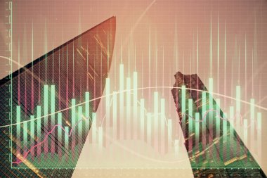 Gökdelenler, duvar kağıtları ve çoklu pozlama ile şehir manzarasının eski çizelgesi. Finansal araştırma kavramı.