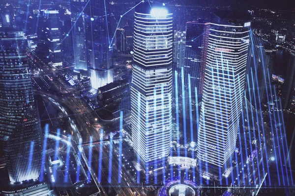 Wykres Finansowy Krajobraz Miasta Wysokimi Budynkami Tła Multi Ekspozycji Koncepcja — Zdjęcie stockowe