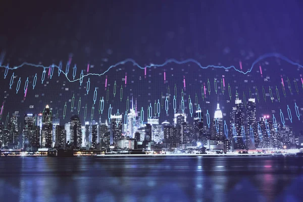Фінансовий Графік Нічному Міському Пейзажі Високими Будівлями Фону Багатофункціональної Експозиції — стокове фото