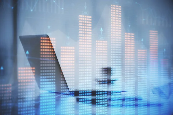 Multi exposure of graph and financial info and work space with computer background. Concept of international online trading.