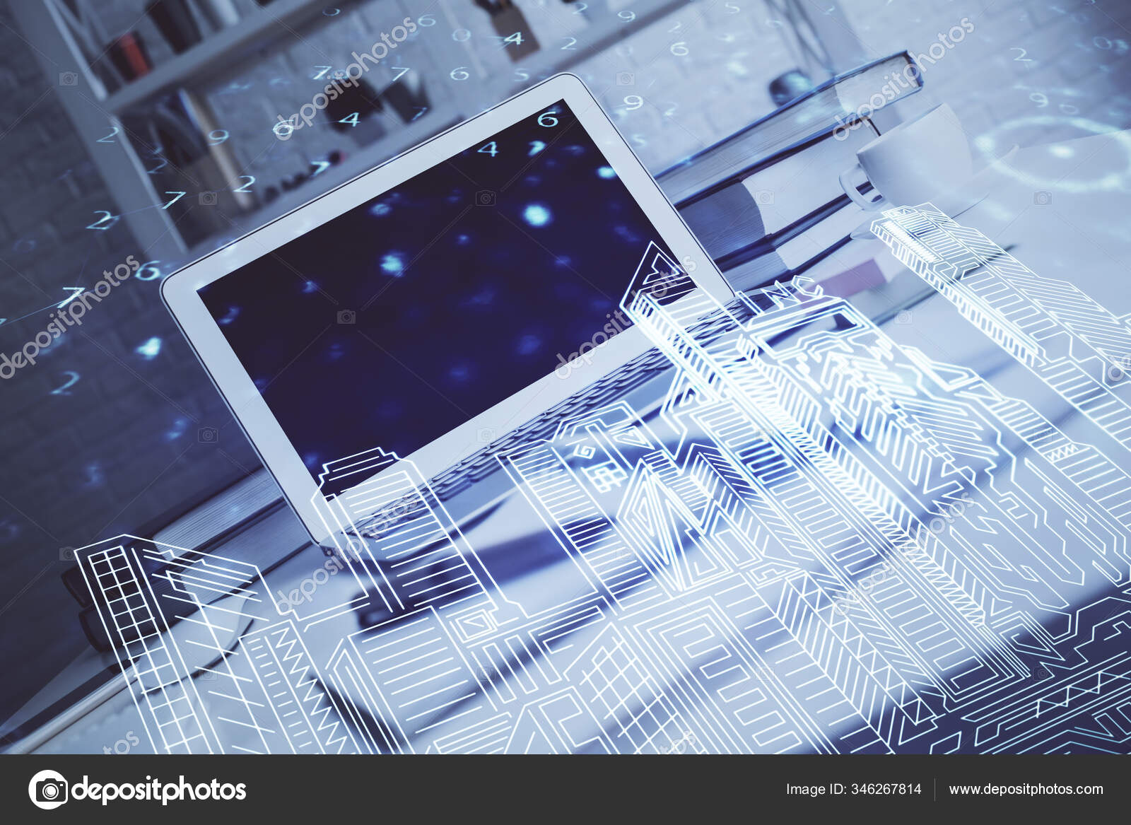 Desktop Computer Background Office Big Town Buildings Hologram Drawing ...