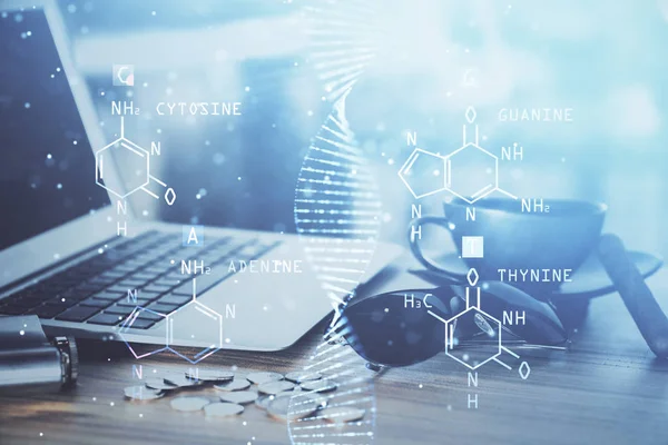 Desktop Computer Hintergrund Und Dna Zeichnung Doppelbelichtung Wissenschaftskonzept — Stockfoto