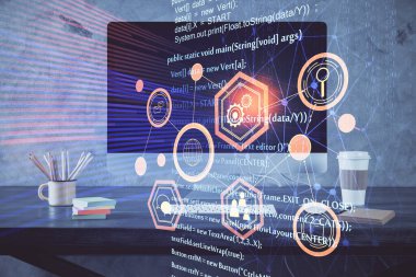 Teknoloji temalı çizim ve bilgisayarlı masa. Çifte maruziyet. Bilgi kavramı.