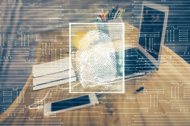 Ofisteki bilgisayarın parmak izi çizimi. Çifte maruziyet. İş veri güvenliği kavramı.