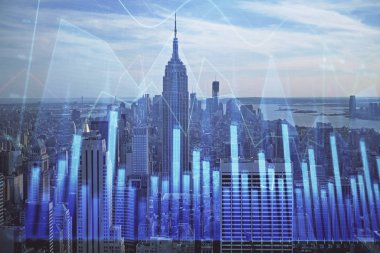 Gökdelenler arka planda çift pozlama ile şehir görünümünde eski grafik. Mali analiz kavramı.