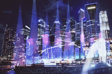 Yüksek binalar arka plan çok pozlama ile şehir scape mali grafik. Analiz kavramı.