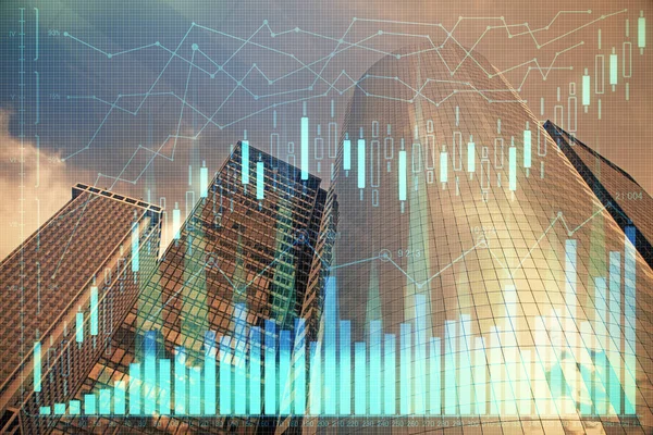 Devisendiagramm Auf Stadtbild Mit Wolkenkratzern Tapete Multi Exposure Finanzielles Forschungskonzept — Stockfoto