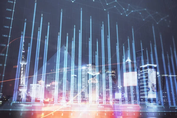 Financial graph on night city scape with tall buildings background double exposure. Analysis concept.