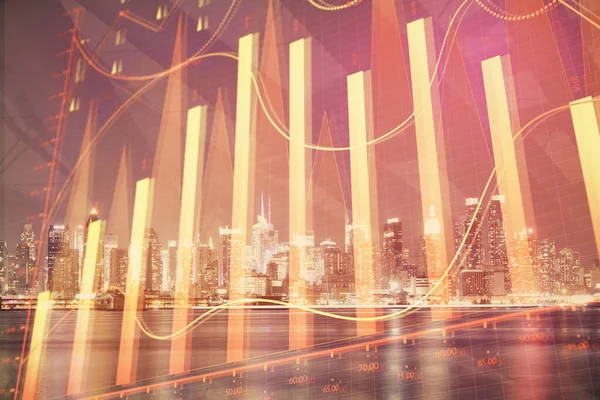 Financial graph on night city scape with tall buildings background multi exposure. Analysis concept.