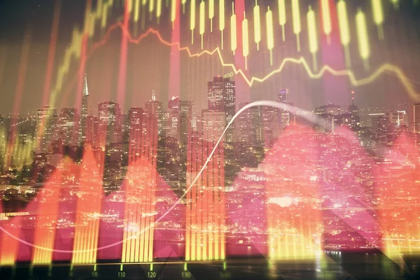 Gráfico Financiero Sobre Paisaje Nocturno Ciudad Con Altos Edificios Doble — Foto de Stock