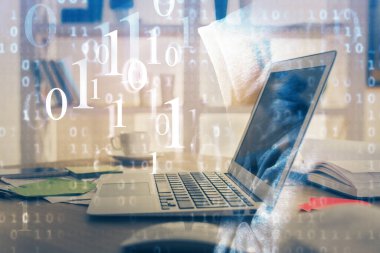 Bilgisayar ve teknoloji temalı çizimlere çifte maruz kalma. Yenilik kavramı.