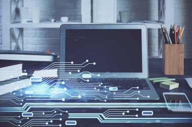 Teknoloji temalı çizim ve bilgisayarla çalışma alanı. Çoklu maruz kalma. Yenilik kavramı.