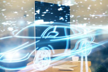 Otomobil hologramı çizimi olan masaüstü bilgisayar arkaplanı. Çoklu maruz kalma. Teknoloji kavramı.