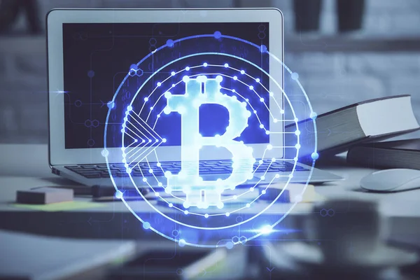 Multi Exposure Blockchain Crypto Economy Theme Hologram Table Computer Background — Stock Photo, Image