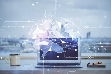 Bilgisayar ve beyin hologramıyla iki kat maruz kalmışlar. Veri yeniliği kavramı.