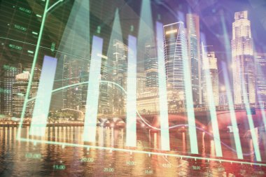 Yüksek binalar arka plan çok pozlama ile şehir scape mali grafik. Analiz kavramı.