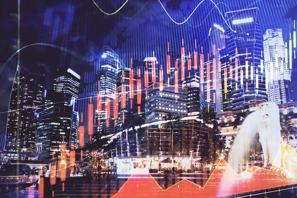 Yüksek binalar arka plan çok pozlama ile şehir scape mali grafik. Analiz kavramı.