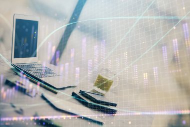 Bilgisayar geçmişi olan eski grafik hologramı. Çoklu maruz kalma. Finans piyasası kavramı.