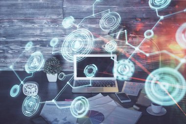 Sosyal ağ hologramıyla birlikte bilgisayar masaüstünde. Çoklu maruz kalma. Uluslararası insan ilişkileri kavramı.