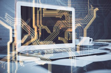 Bilgisayar, teknoloji temalı hologramla birlikte ofiste. Çoklu maruz kalma. Teknoloji kavramı.