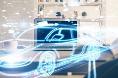 Otomobil hologramı çizimi olan masaüstü bilgisayar arkaplanı. Çoklu maruz kalma. Teknoloji kavramı.