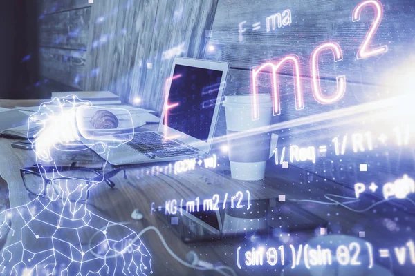 Desktop Computer Achtergrond Formule Hologram Schrijven Dubbele Belichting Onderwijsconcept — Stockfoto