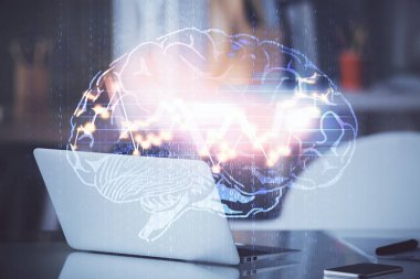 Bilgisayar ve beyin hologramıyla iki kat maruz kalmışlar. Veri yeniliği kavramı.