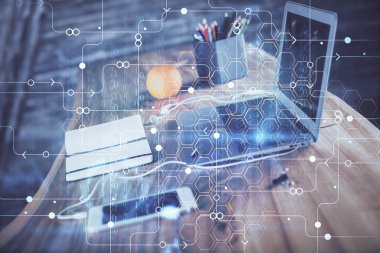 Teknoloji temalı çizim ve bilgisayarlı masa. Çifte maruziyet. Bilgi kavramı.