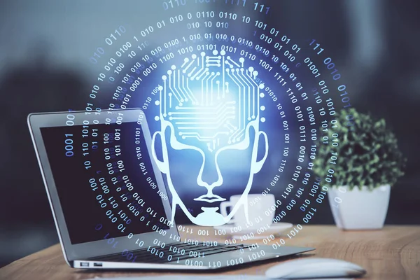 Bilgisayar ve beyin hologramıyla iki kat maruz kalmışlar. Veri yeniliği kavramı.