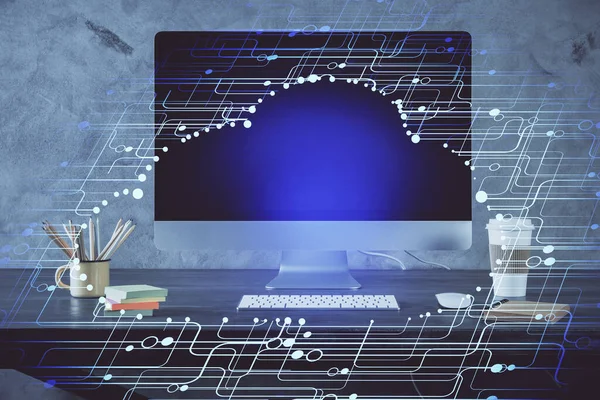 Teknoloji temalı çizim ve bilgisayarlı masa. Çifte maruziyet. Bilgi kavramı.