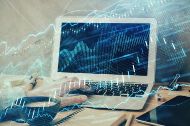 Arka planda ofiste bilgisayarda çalışan işadamı ile Forex grafiği. Sert çalışma kavramı. Çift Pozlama.