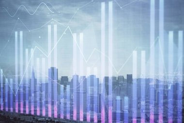 Gökdelenler arka planda çoklu pozlama ile şehir görünümünde eski grafik. Mali analiz kavramı.