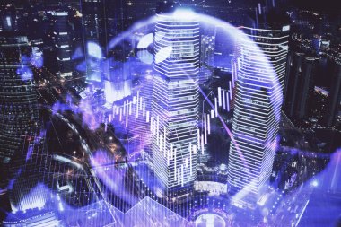 Yüksek binalar arka plan çok pozlama ile şehir scape mali grafik. Analiz kavramı.